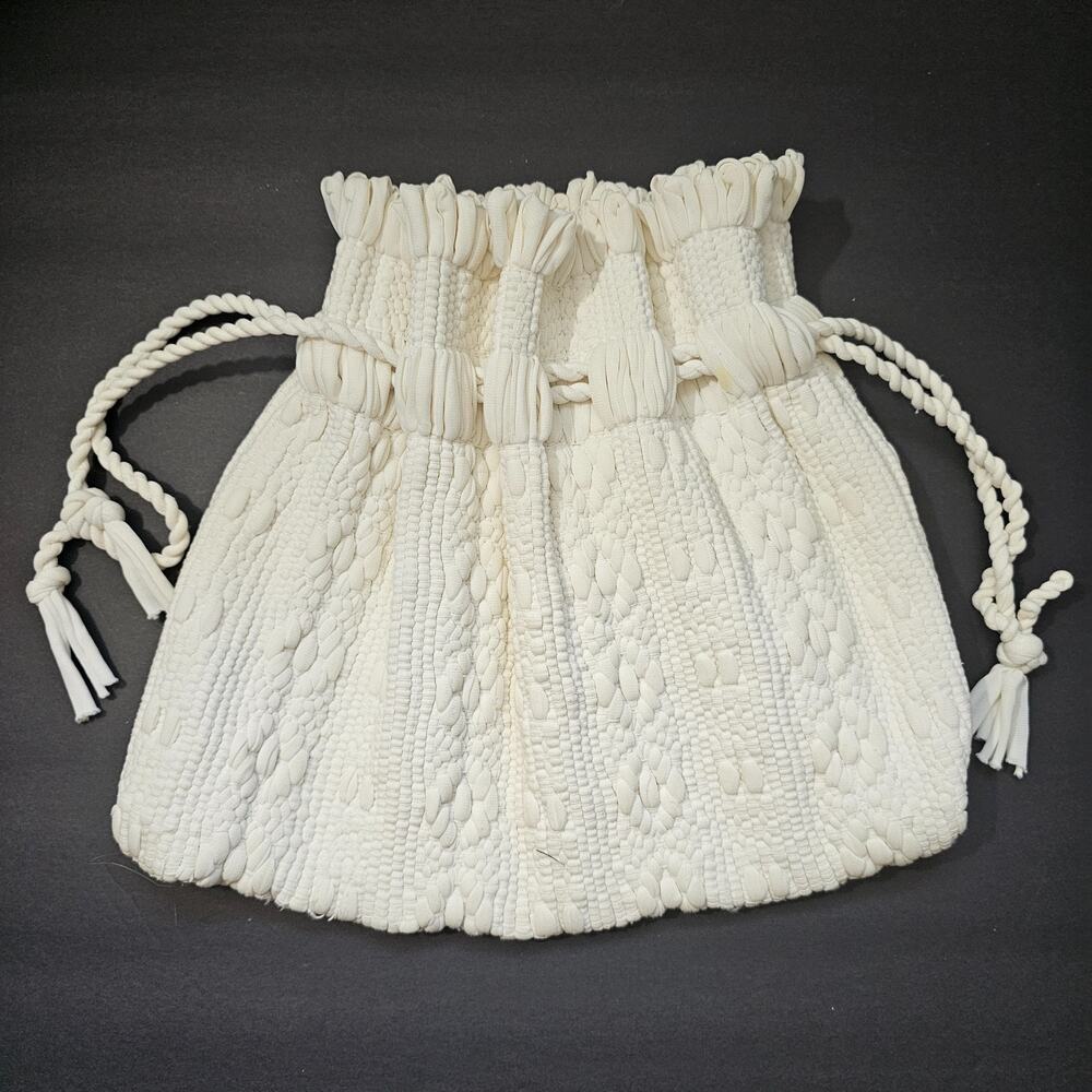Drawstring Woven Crocheted Fabric White Boho Purse Bag Mid Century MCM Vintage